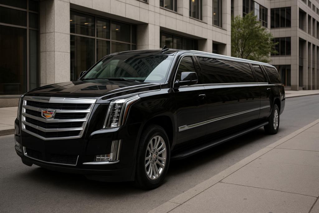 Luxury black SUV used for executive office limo service in Toronto parked near corporate building